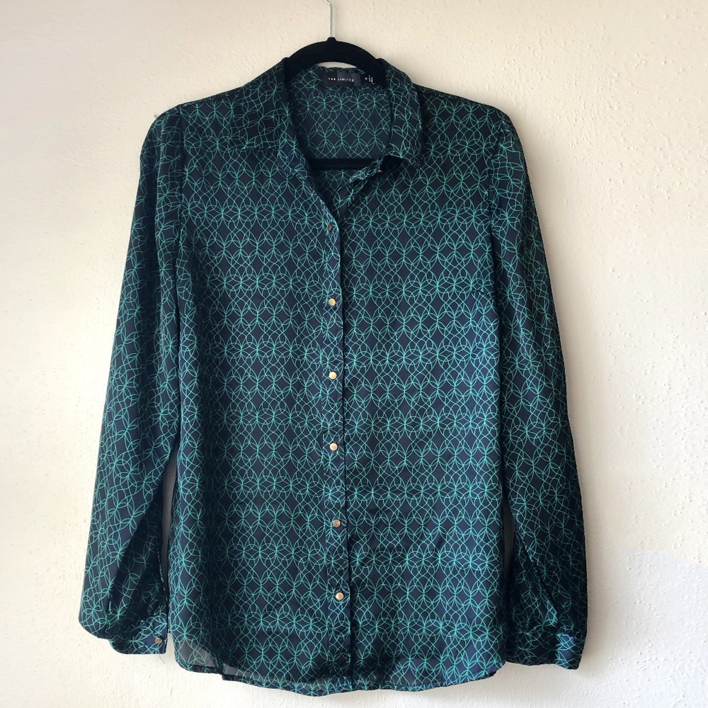 Navy and Green patterned button down blouse